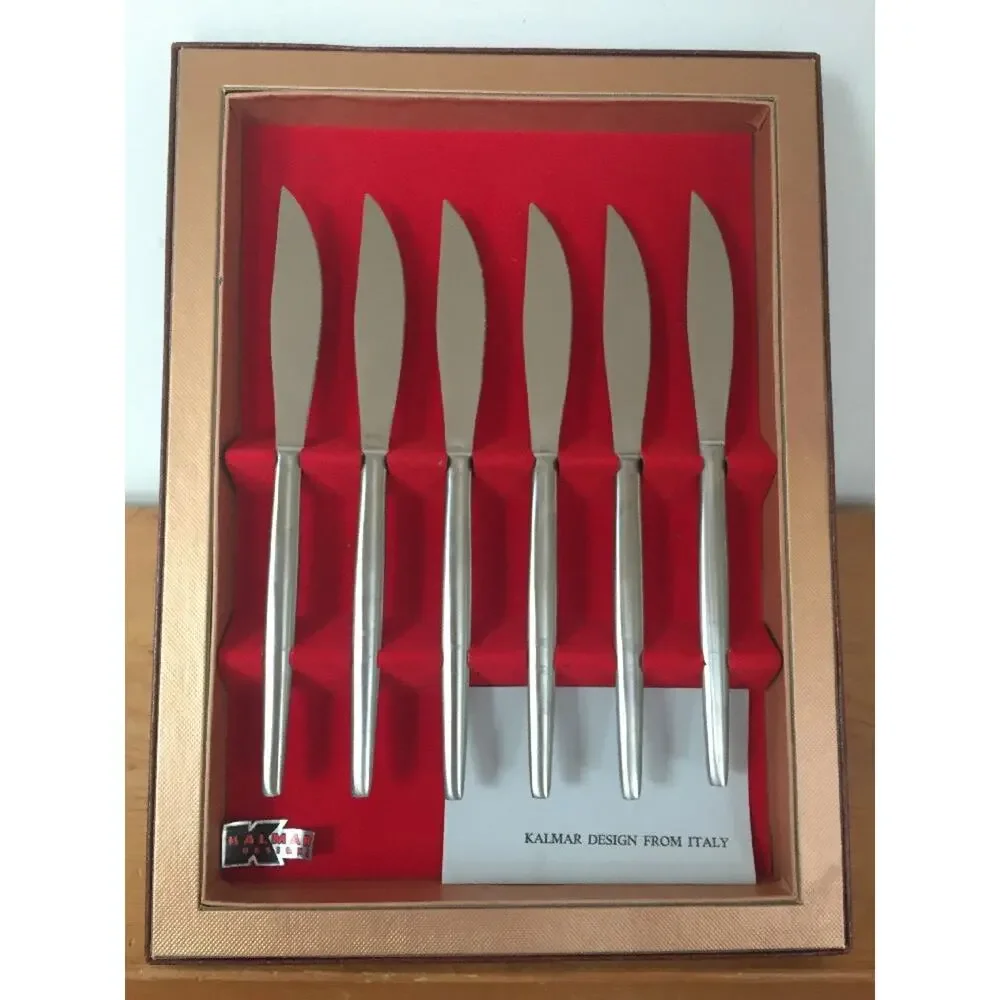 Set 6 Vintage Mid Century Kalmar Italy Stainless Steel Dinner Knives Set w Box